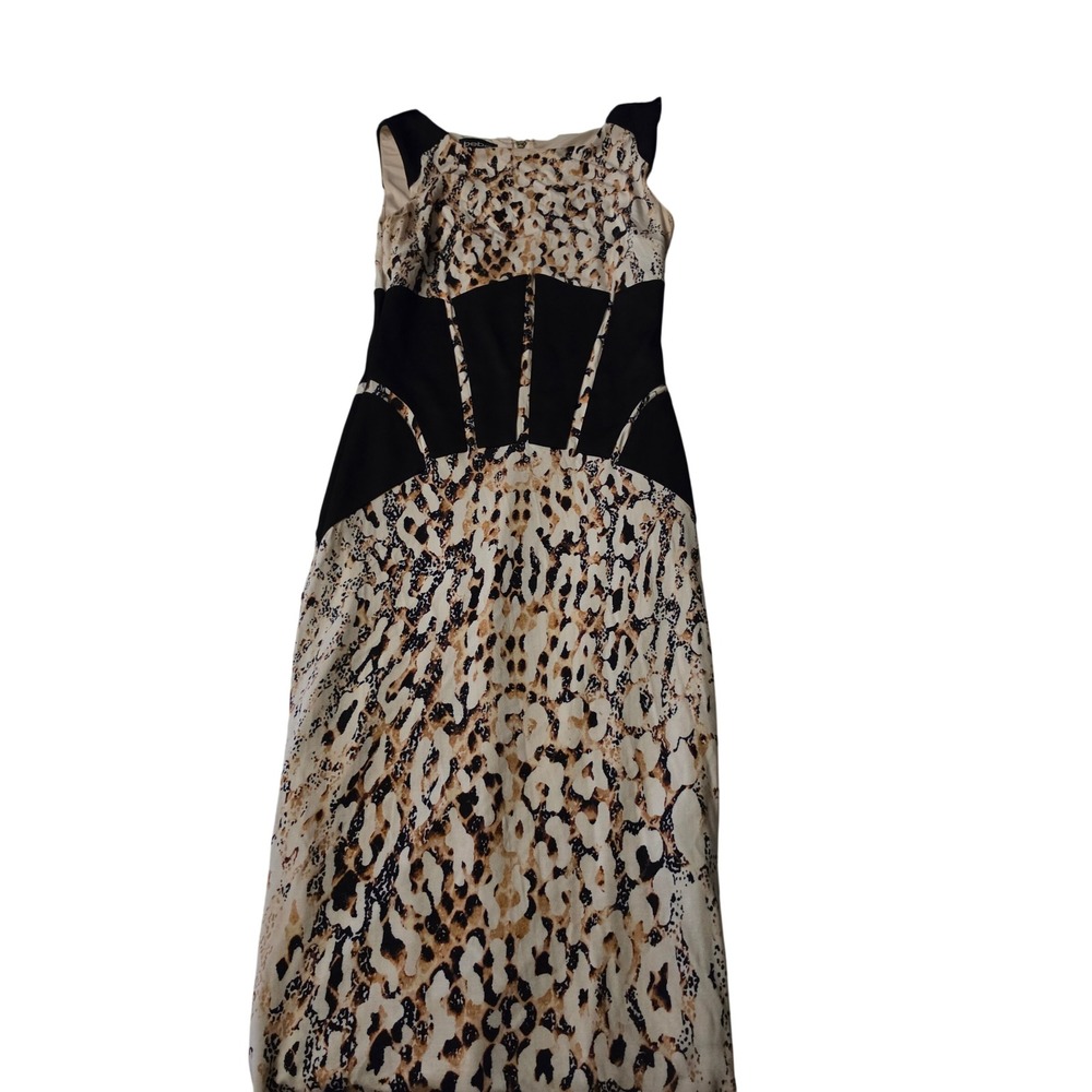 Bebe Women Leopard Print Colorblock Bodycon Sheath Dress Black Tan Small